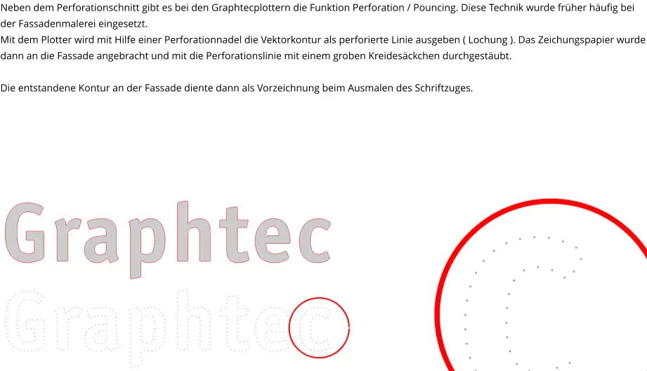 Neben dem Perforationschnitt gibt es bei den Graphtecplottern die Funktion Perforation / Pouncing. Diese Technik wurde früher häufig bei der Fassadenmalerei eingesetzt.  Mit dem Plotter wird mit Hilfe einer Perforationnadel die Vektorkontur als perforierte Linie ausgeben ( Lochung ). Das Zeichungspapier wurde dann an die Fassade angebracht und mit die Perforationslinie mit einem groben Kreidesäckchen durchgestäubt.  Die entstandene Kontur an der Fassade diente dann als Vorzeichnung beim Ausmalen des Schriftzuges.