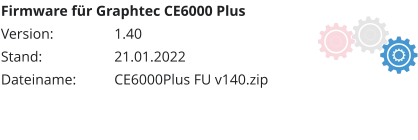 Firmware für Graphtec CE6000 Plus Version:		1.40 Stand:		21.01.2022 Dateiname:		CE6000Plus FU v140.zip