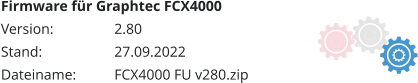 Firmware für Graphtec FCX4000 Version:		2.80	 Stand:		27.09.2022 Dateiname:		FCX4000 FU v280.zip